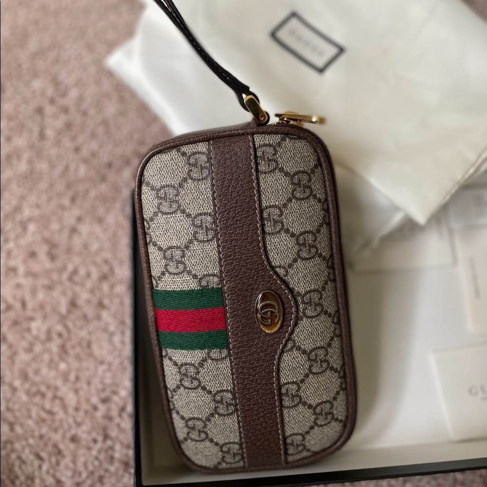 Gucci Brown Beige GG Canvas Web Stripe Wristlet Clutch - Picture 2 of 6